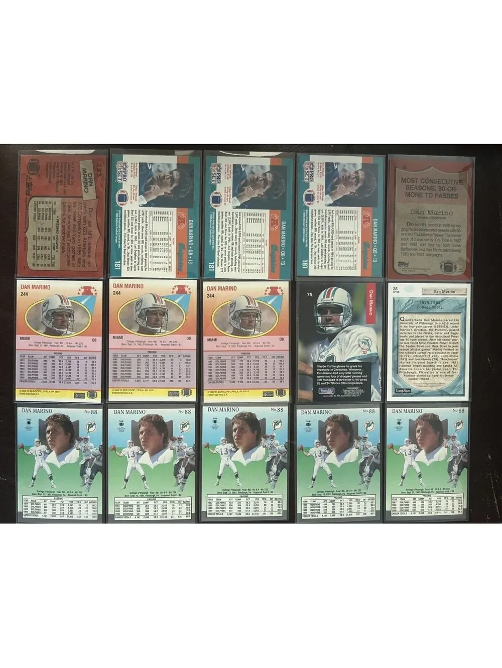 MIAMI DOLPHINSQB DAN MARINO VINTAGE COLLECTION PANINI/TOPPS/FLEER 31 CARD NM LOT